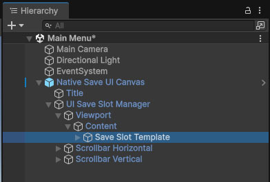 Scene Hierarchy showing Save Slot Template